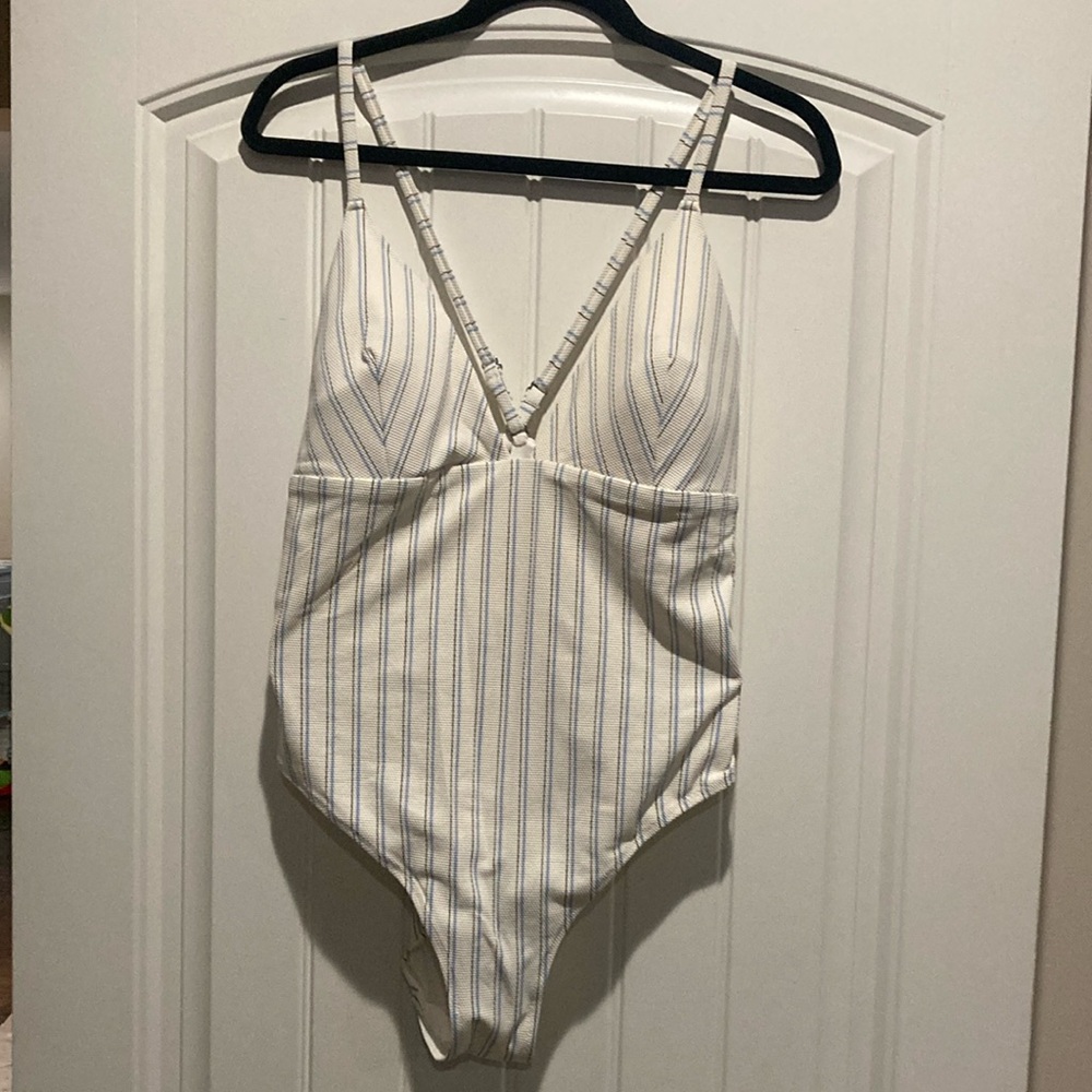 H&M White and Blue Striped One Piece Swimsuit